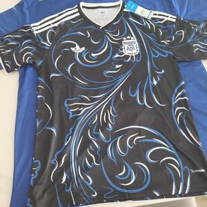 adidas Black and Blue Argentina Soccer Jersey with Ornate Swirl Print